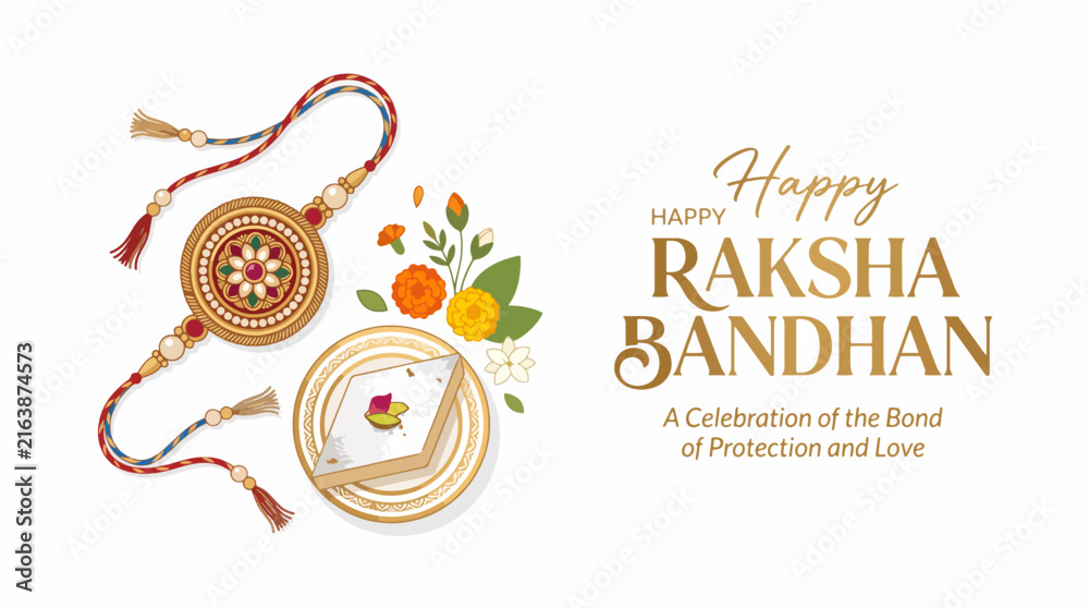 Naklejka premium Raksha Bandhan Indian festival background with traditional rakhi thread sweet and floral decoration