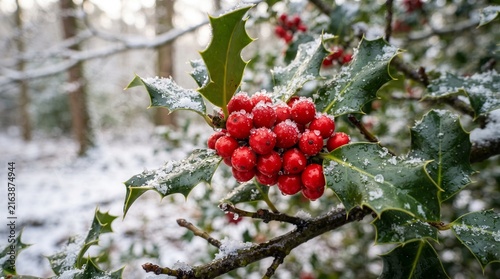 Red Holly Berries and Green Leaves Covered in Snow in a Winter Forest