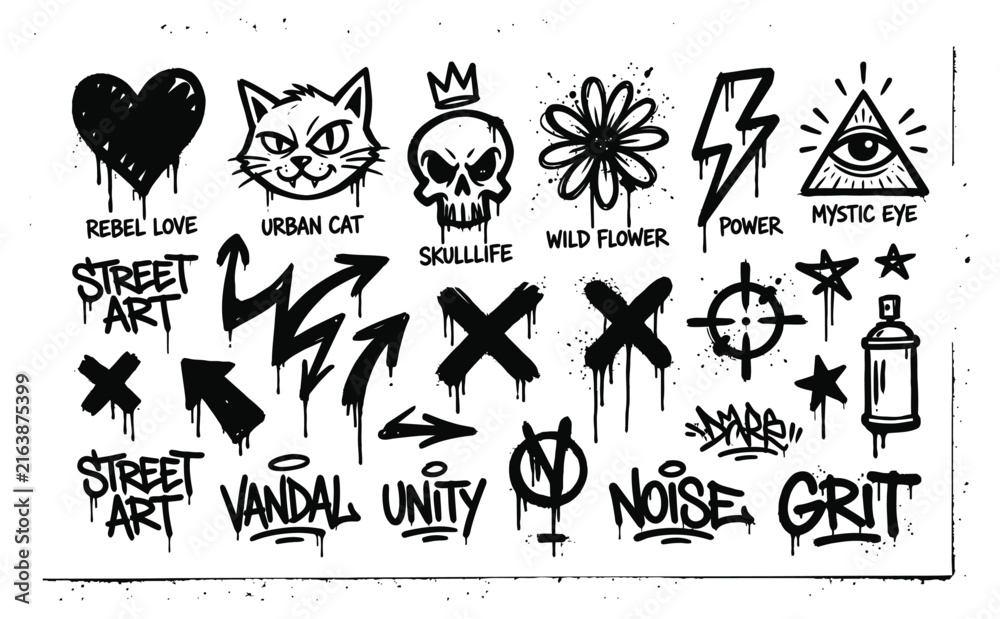Fototapeta premium Collection of hand drawn graffiti style elements including skulls hearts arrows and urban typography isolated on a white textured paper background