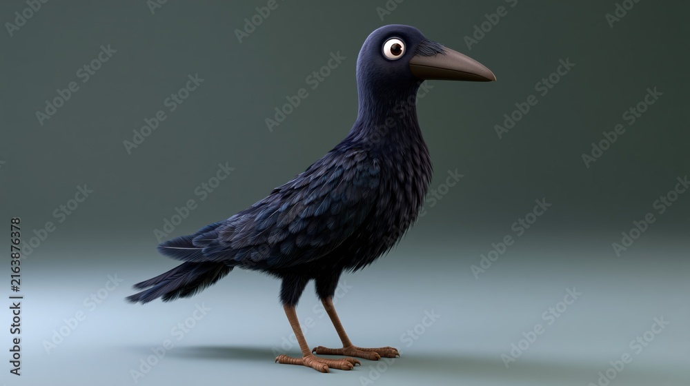 Obraz premium Cartoon Crow standing against a plain background with soft studio lighting and a shallow depth of field