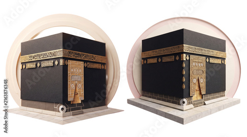 3D Render of Holy Kaaba in Mecca with Islamic Golden Details Isolated on White Background