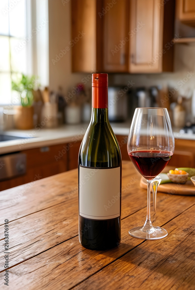 Naklejka premium Red wine bottle and glass on a rustic wooden kitchen table, beverage and alcohol concept, home entertaining
