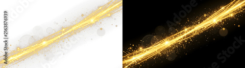 Golden glowing light waves with shimmering magic dust particles and dynamic sparkles creating an elegant luxury effect on transparent background