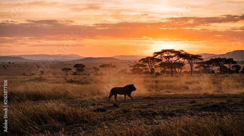 Lone Lion Walking Across African Savanna at Dawn, Silhouette Against Orange Sky Wildlife Landscape Photography
