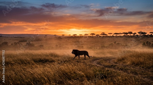 Lone Lion Walking Across African Savanna at Dawn, Silhouette Against Orange Sky Wildlife Landscape Photography
