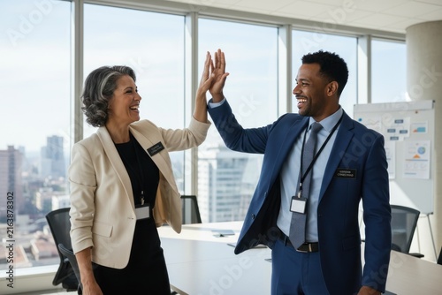 Modern business teamwork high five in bright office, diverse corporate colleagues celebrating success, city skyline view