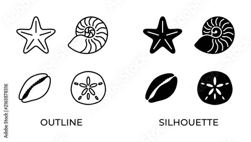 Konstfotografi Seashell Icons: A collection of classic seashell icons presented in both outline and silhouette styles, showcasing starfish, nautilus, seashell, and sand dollar shapes