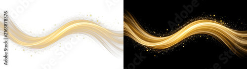 Golden light wave with shimmering dust particles and soft fluid motion, artistic glowing swirl effect, high resolution on transparent background