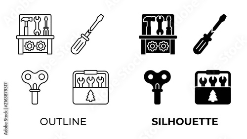 Quadro su tela Tools and Equipment Icons: A set of outline and silhouette icons showcasing various tools including screwdrivers, hammers, wrenches, and a wind-up key, presented on a clean background