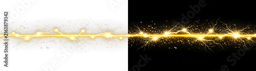 Golden electric lightning bolt featuring radiant glowing sparks and bright plasma energy streaks isolated horizontally on transparent background