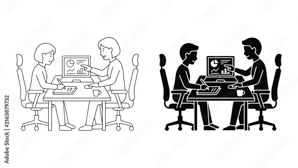 Fototapeta premium Colleagues working together at office desk viewing business report on screen