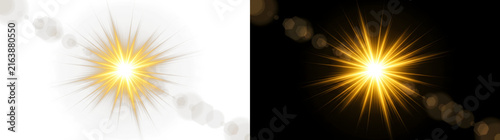 Golden sunburst light flare with brilliant rays and realistic lens effects isolated for high quality graphic design projects on transparent background