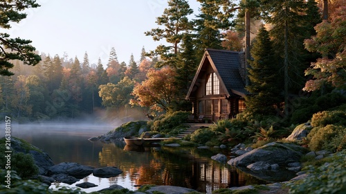 Rustic cabin nestled beside a tranquil lake during golden hour with misty forest backdrop and vibrant autumn foliage