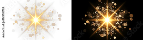 Radiant golden starburst effect featuring sparkling light particles with shimmering bokeh elements displayed in a vibrant style on transparent background