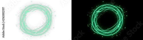 Glowing emerald green neon ring featuring dynamic light particles and digital tech circular patterns displayed for design on transparent background
