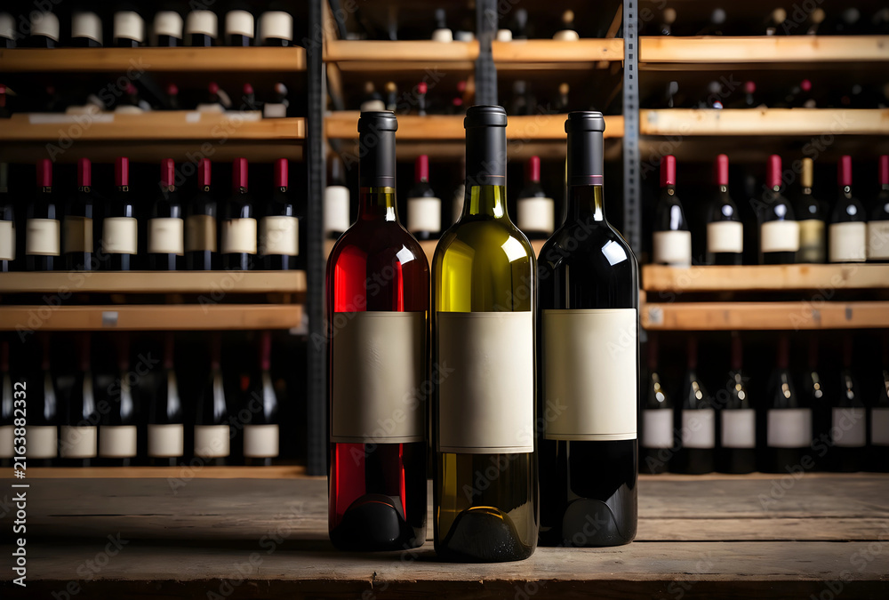 Naklejka premium Wine tasting and selection three bottles of red white and ros wine with blank labels in a cellar or store