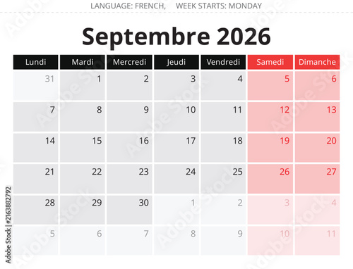 2026 French September monthly calendar page – Septembre. Vector illustration France