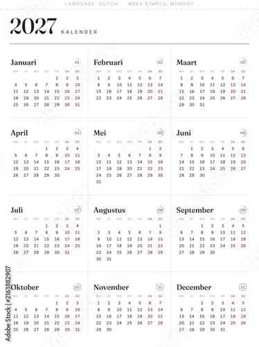 Modern 2027 Dutch Netherlands annual calendar kalender design