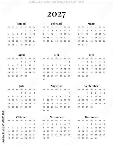 Dutch calendar 2027 for Netherlands kalender, minimalist, printable, yearly vector planner