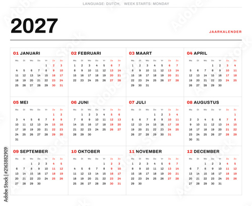 Modern 2027 calendar in dutch for Netherlands