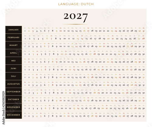 Dutch Netherlands 2027 linear calendar