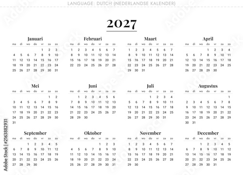 Dutch calendar 2027 for Netherlands kalender, minimalist, printable, vector planner