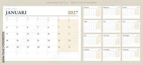 Vector dutch calendar kalender 2027 planner collection with elegant Netherlands design template