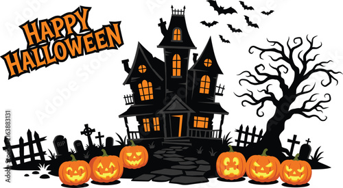 Happy Halloween, haunted mansion vector illustration with jack o lantern pumpkins. bats and spooky graveyard