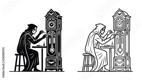 Bild auf Leinwand Grim Reaper Repairs Grandfather Clock: A skeletal figure in a hooded robe meticulously works on a grandfather clock, symbolizing the passage of time and the inevitability of mortality