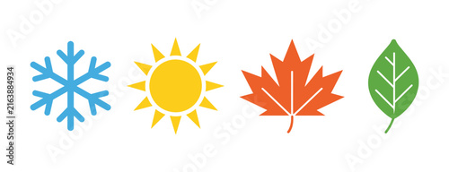 Four Seasons Weather Icons, seasonal symbols with snowflakes, meteorology, temperature, forecast and calendar vector illustration.