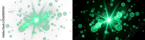 Radiant emerald green light burst featuring hexagonal geometric bokeh particles and glowing lens flares radiating energy on transparent background