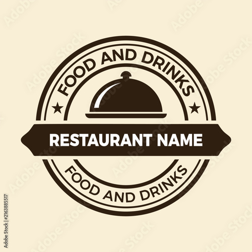 A classic round restaurant logo badge with a food cloche platter dome icon, stars, concentric circular frames, and a banner with placeholder text for restaurant 