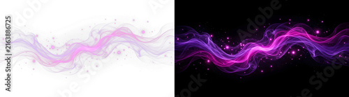 Vibrant purple glowing smoke wave with sparkling glitter particles creating a dynamic ethereal energy flow effect isolated on transparent background