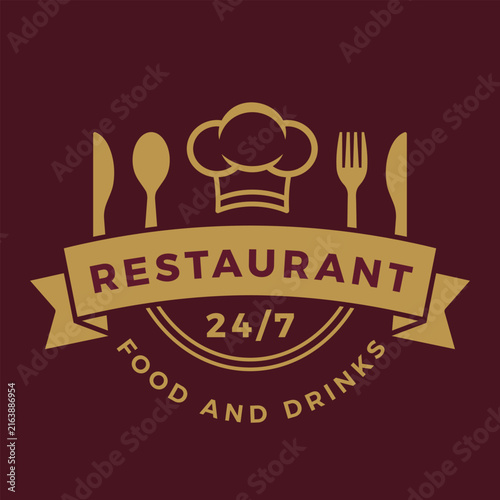 Vintage-inspired restaurant emblem featuring a chef hat, knife, fork, spoon, curved banner, and and drinks lettering in a gold and burgundy palette. Ideal for restaurant branding,