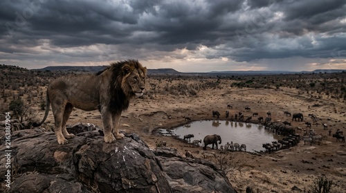 Lion on Rocky Outcrop Overlooking Drought Watering Hole, Documentary Wildlife Photo with Storm Clouds and Habitat Loss Theme