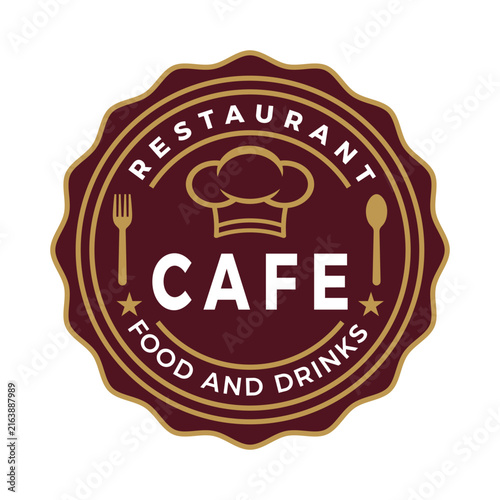 Vintage Cafe Restaurant Badge Logo with Chef Hat and Cutlery, Food and Drinks Vector Design