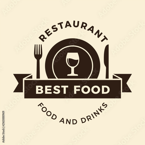 Restaurant Logo with Fork Knife Plate and Wine Glass, Best Food and Drinks Vintage Badge Vector