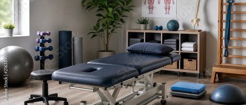 Physical therapy clinic with exercise equipment and treatment table creates clean professional rehabilitation environment for patient care and recovery