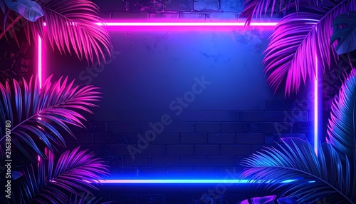 Vibrant neon light frame on a dark brick wall with tropical palm leaves for a futuristic night vibe.