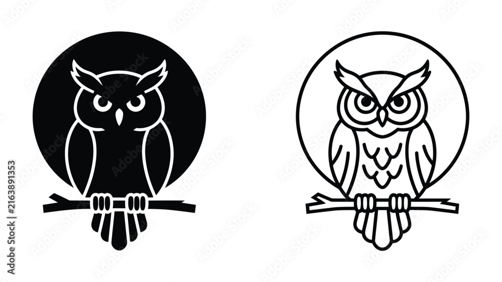 Obraz premium Owl Icon Set: A graphic representation of an owl perched on a branch, presented in both silhouette and line art styles, symbolizing wisdom and knowledge.