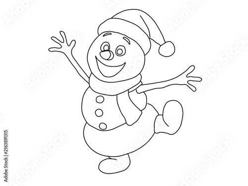 Konstfotografi Snowman with a scarf Line Art Vector Illustration Black and White