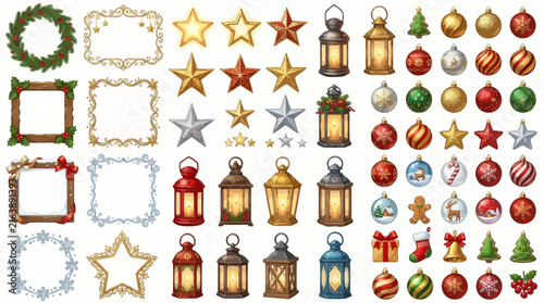 Holiday Greeting Design Elements Collection Featuring Christmas Decorations Ornaments Lanterns and Frames for Winter Celebrations