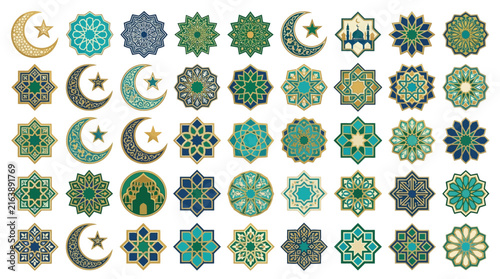 Islamic Ornament Icon Collection Featuring Intricate Geometric Patterns and Crescent Symbols for Festive Cultural Decorations