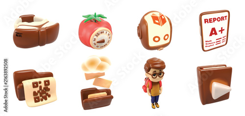 Education 3d vector icon set with school boy student, report card and vr headset