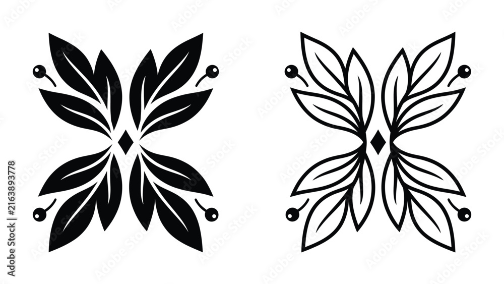 Obraz premium Elegant Floral Ornament: A set of two symmetrical floral ornaments, one solid black and the other outlined in black, featuring leaves and berries arranged in a decorative pattern.