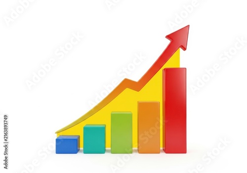 Growing colorful bar chart with upward arrow showing increase isolated on white background