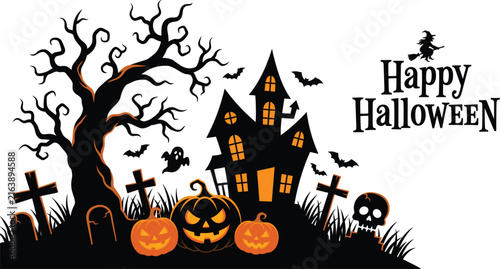 Happy Halloween ,haunted house vector ,with spooky tree pumpkins, graveyard witch and, ghost,