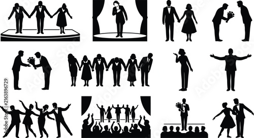 Set of black silhouette featuring performers, actors, and couples bowing, dancing, and receiving applause on a stage background