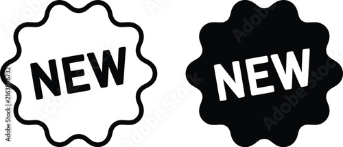 New badge vector icon featuring special offer tag designs with black outline and filled versions, isolated on transparent background.