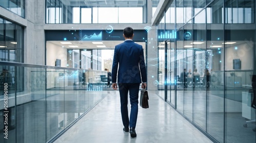 Businessman in a suit walking through a modern glass office corridor with floating holographic data charts and graphs, representing corporate success, financial growth analysis